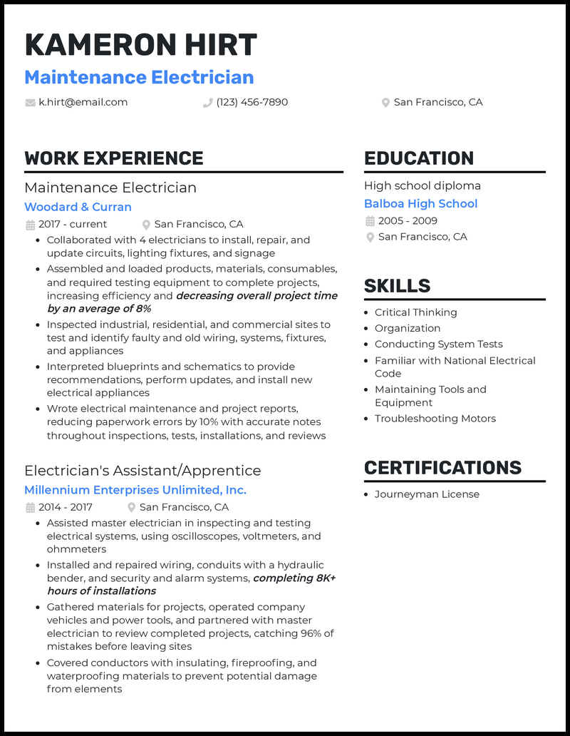 3 Maintenance Electrician Resume Examples for 2023