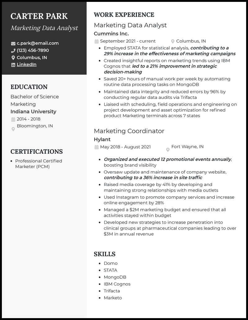 3 Marketing Data Analyst Resume Examples for 2024
