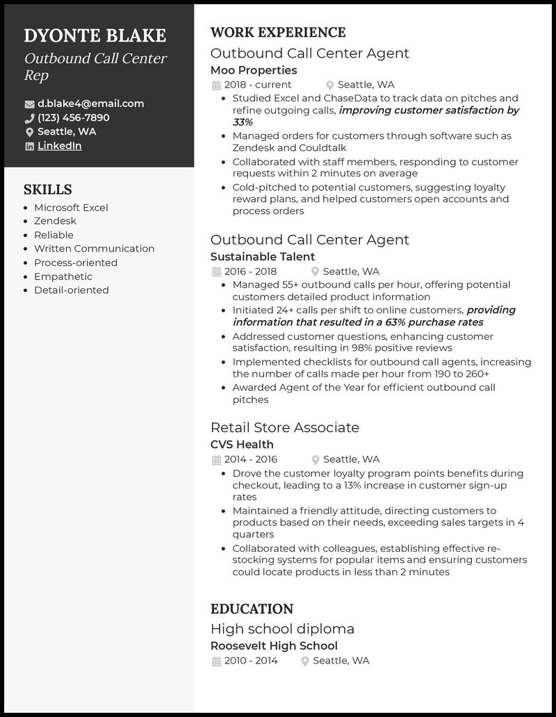 3 Outbound Call Center Resume Examples for 2023