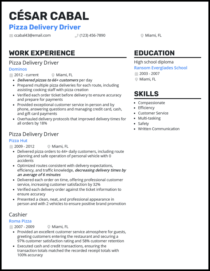 3 Pizza Delivery Driver Resume Examples Crafted in 2024