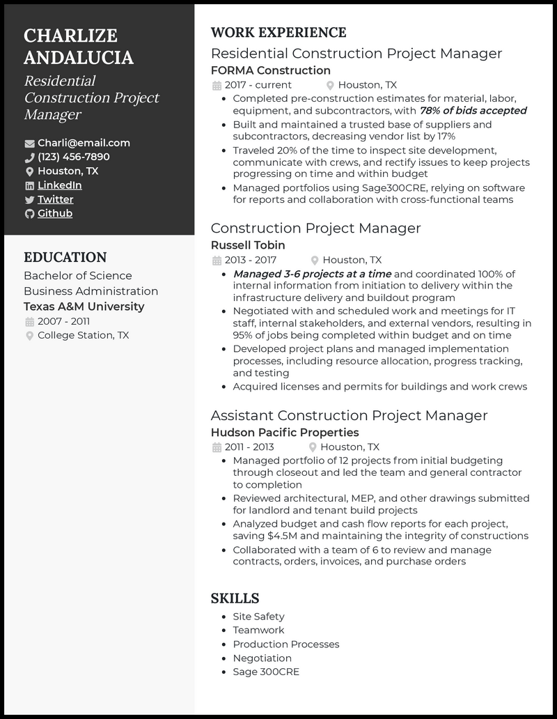 3 Residential Construction Project Manager Resume Samples