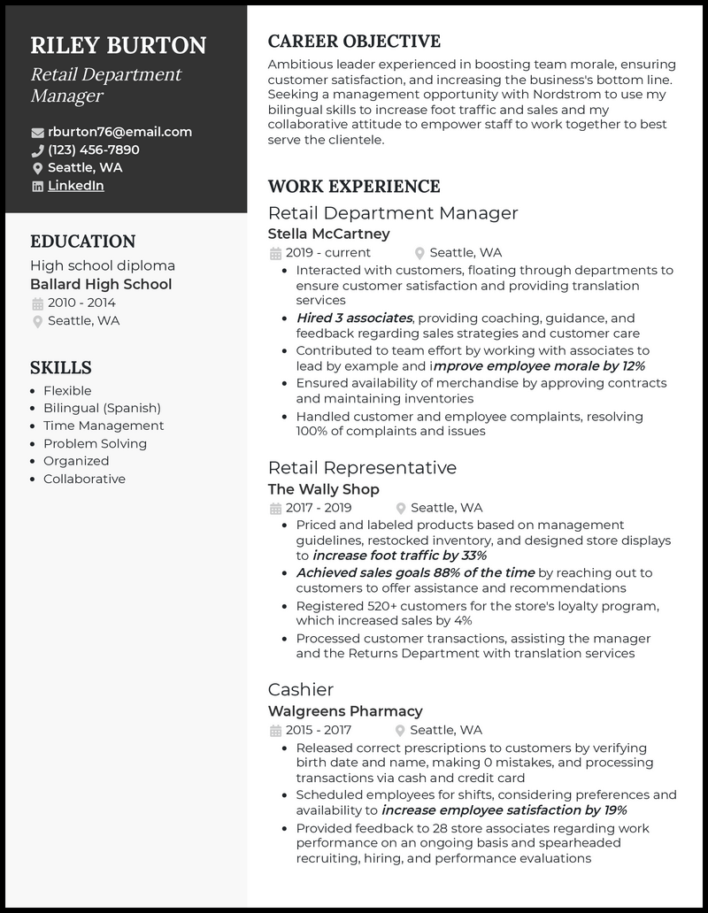 3 Retail Department Manager Resume Examples for 2024