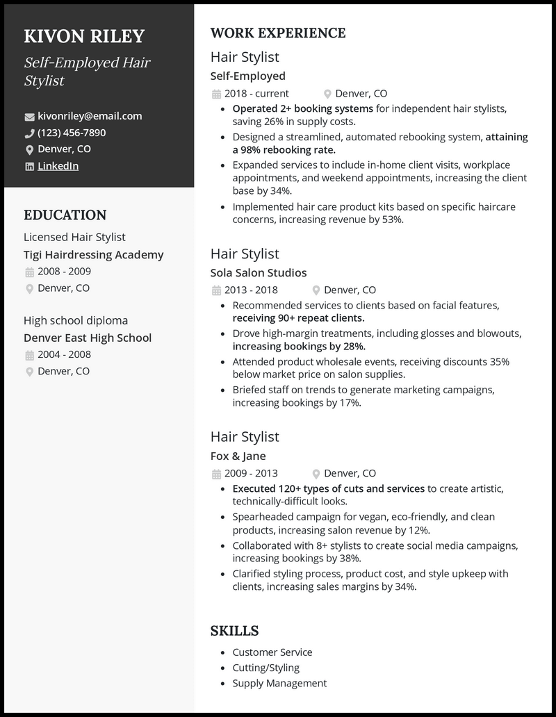 3 Self-Employed Hair Stylist Resume Examples for 2023