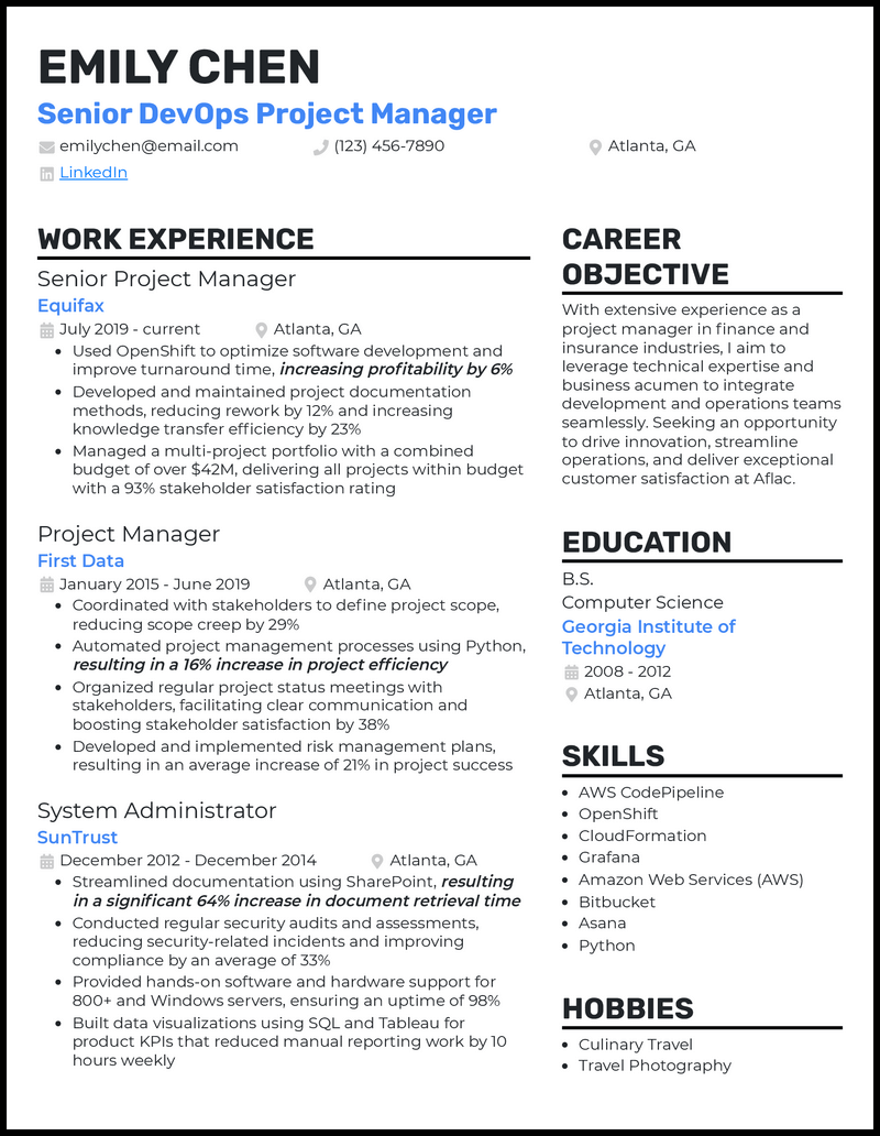 3 Senior DevOps Project Manager Resume Examples in 2024