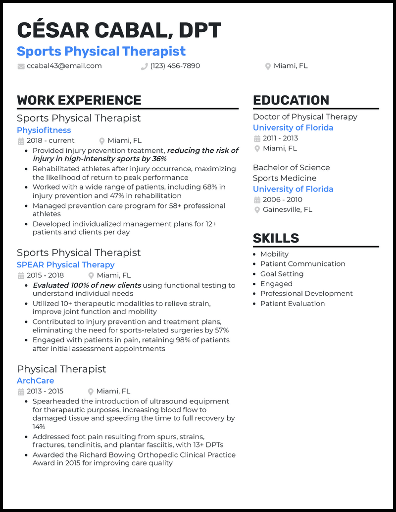 3 Sports Physical Therapist Resume Examples for 2023