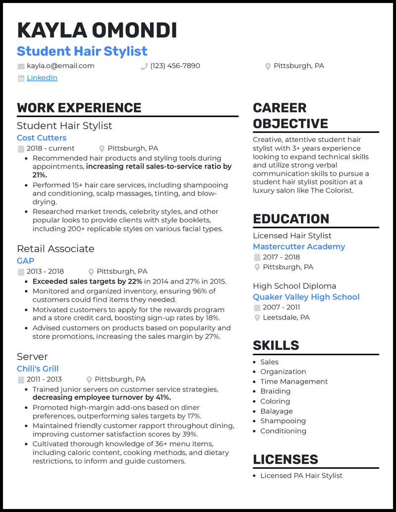 3 Student Hair Stylist Resume Examples Designed in 2024