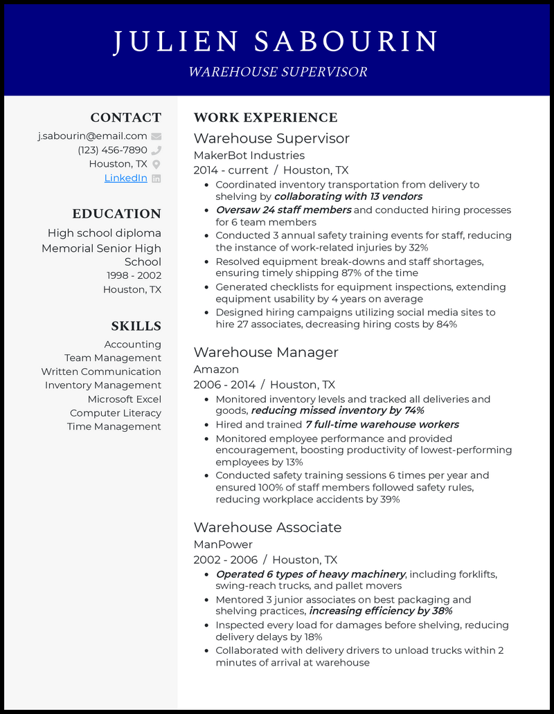 Warehouse supervisor resume example with 6+ years experience