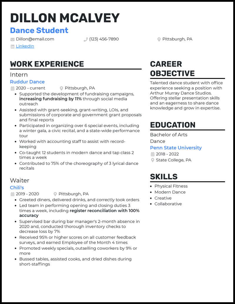 3 Dance Student Resume Examples Proven to Work in 2023