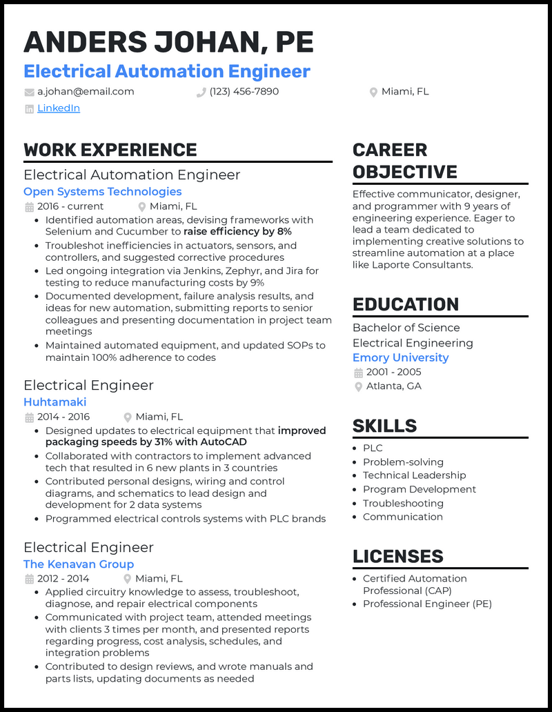 3 Electrical Automation Engineer Resume Examples for 2023