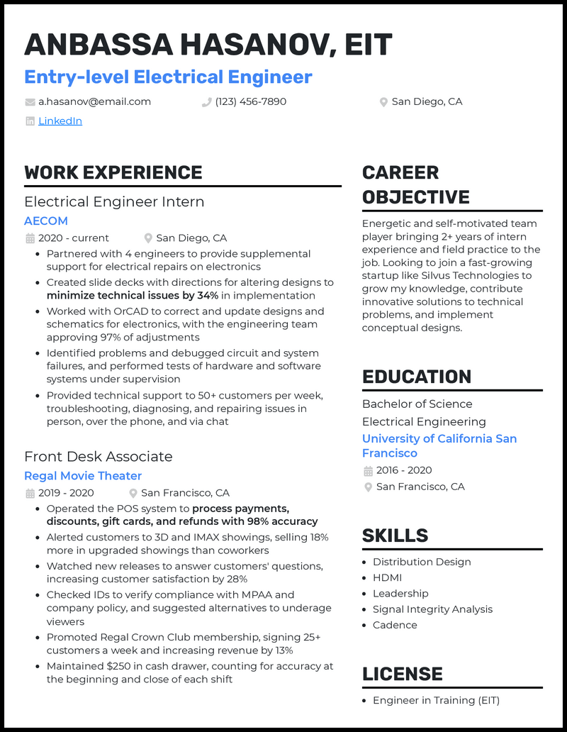 3 Entry-Level Electrical Engineer Resume Examples