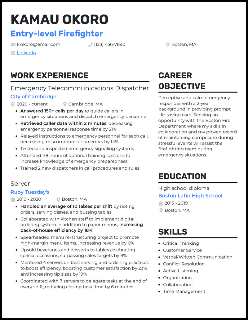 Entry level firefighter resume example with no experience