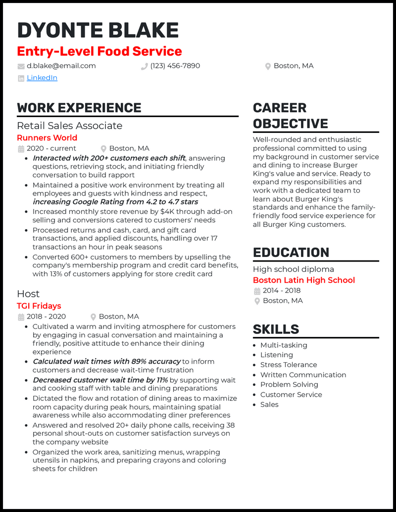 Entry level food service resume example with no experience