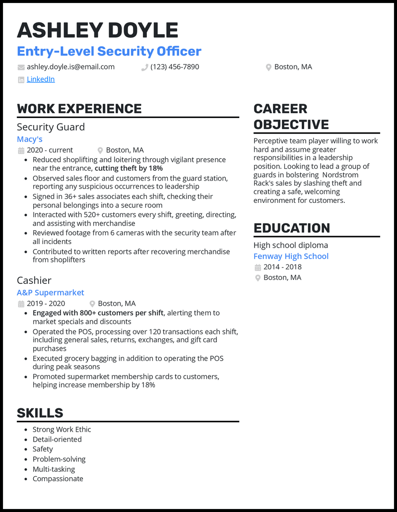 Entry level security officer resume example with no experience