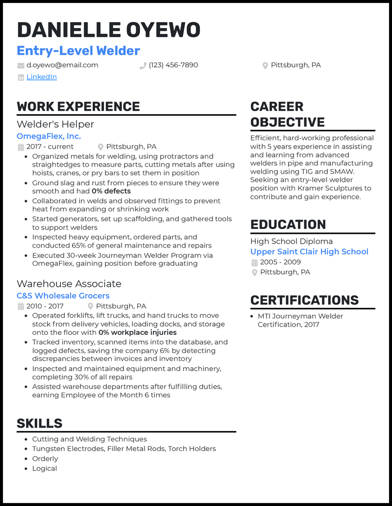 Entry level welding resume example with no experience