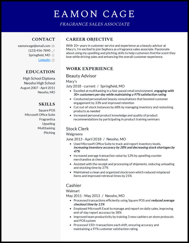 3 Fragrance Sales Associate Resume Examples for 2023