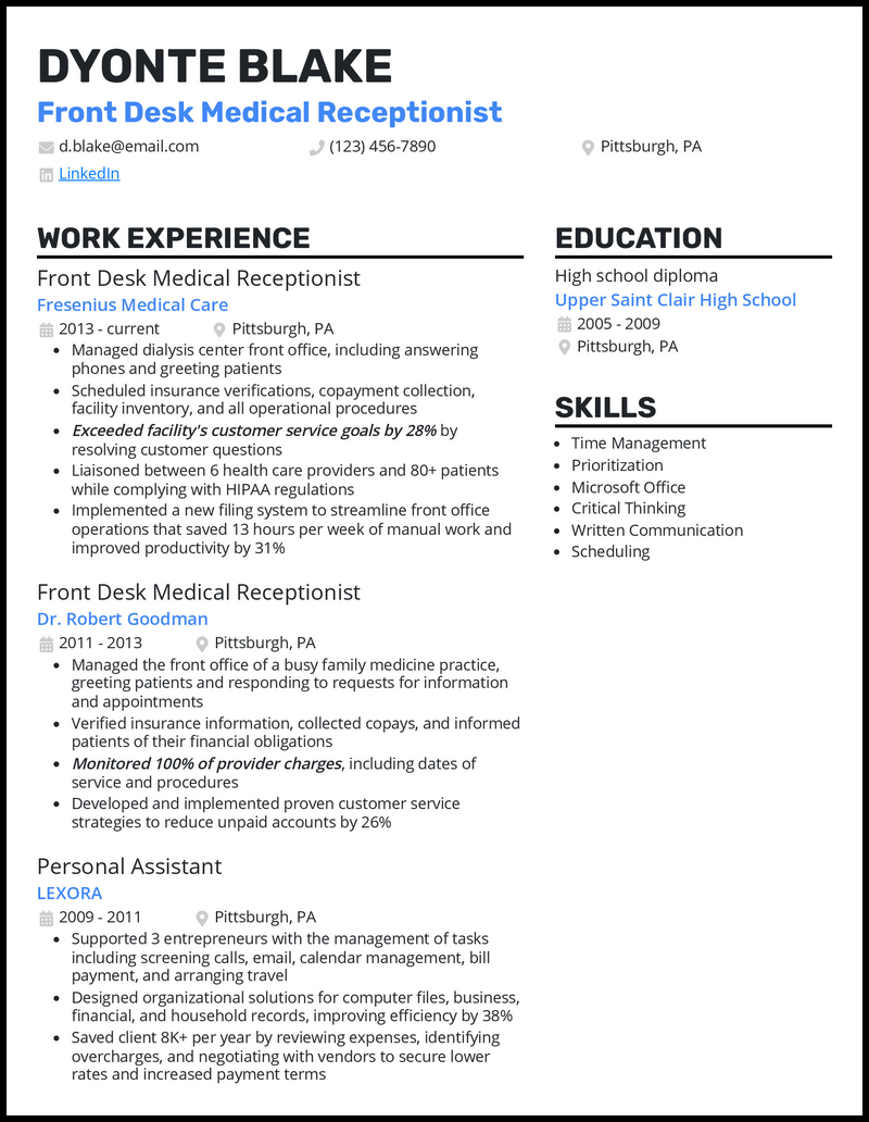 medical front desk receptionist resume