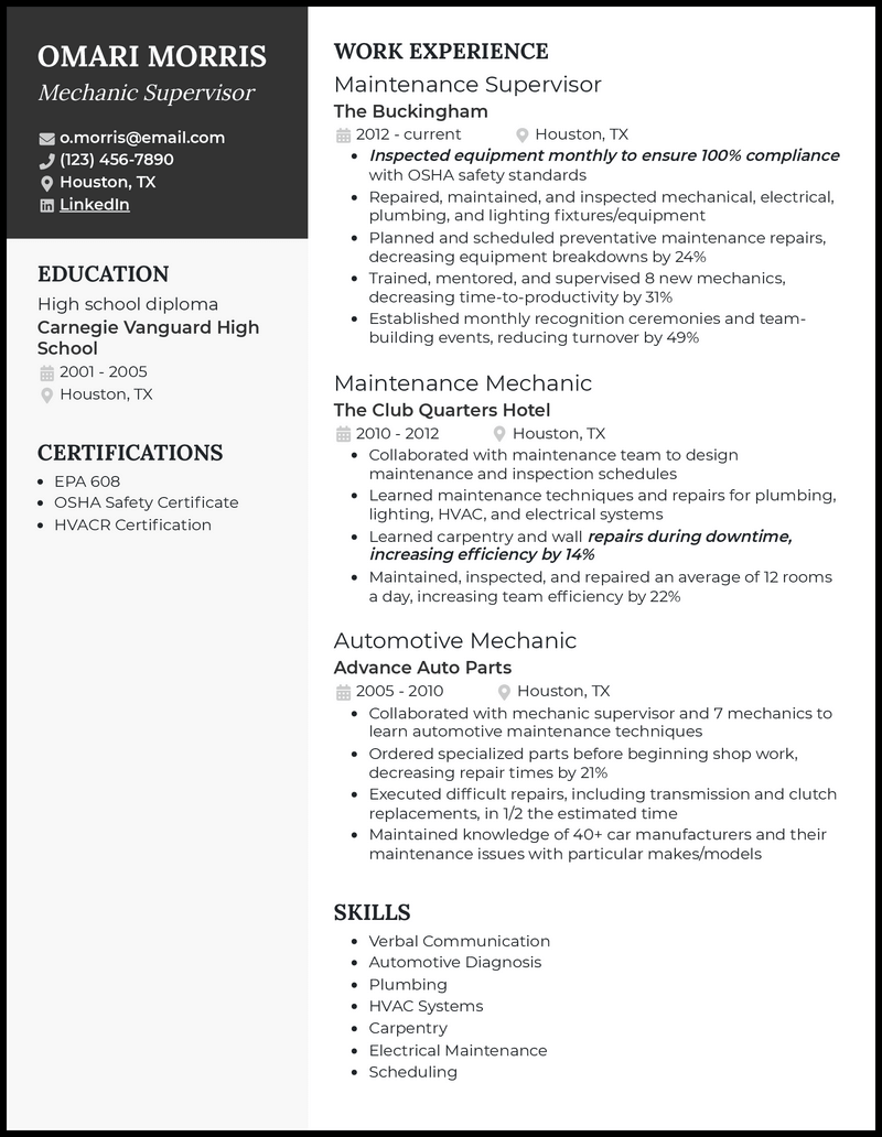 Mechanic supervisor resume example with 6+ years experience