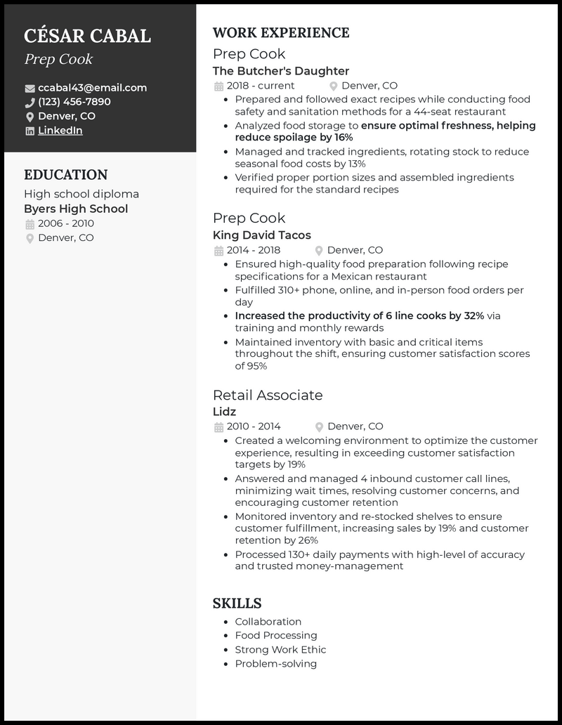 3 Prep Cook Resume Examples Proven to Work in 2024