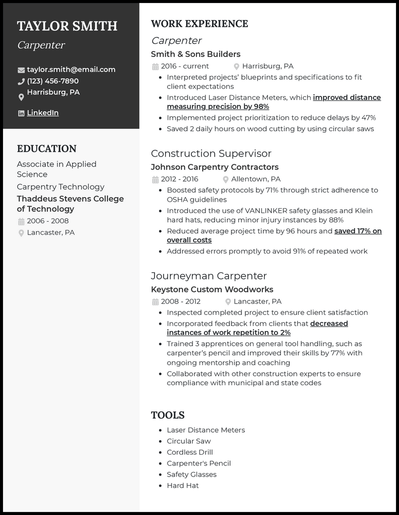 3 Carpenter Resume Examples Created to Work in 2023
