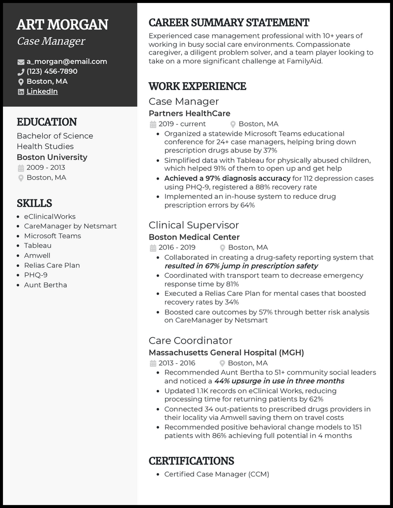 5 Case Manager Resume Examples That Worked In 2024   Case Management Resume Example 1 