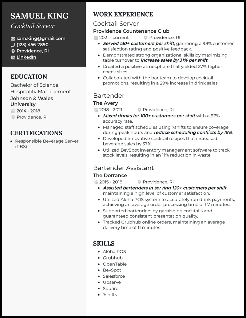 3 Cocktail Server Resume Examples to Land Your Next Job in 2023