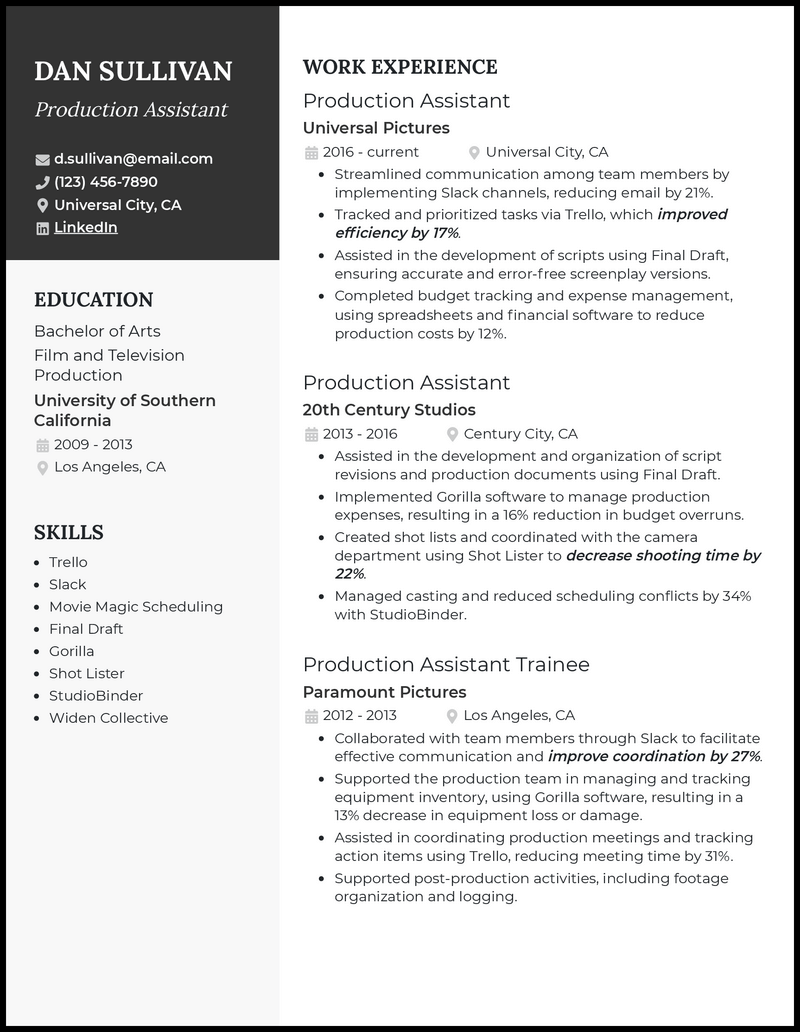 5 Production Assistant Resume Examples Created for 2024