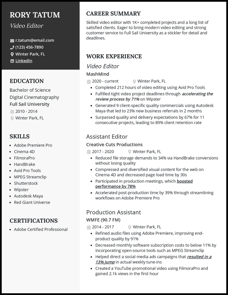 5 Video Editor Resume Examples Designed for 2024