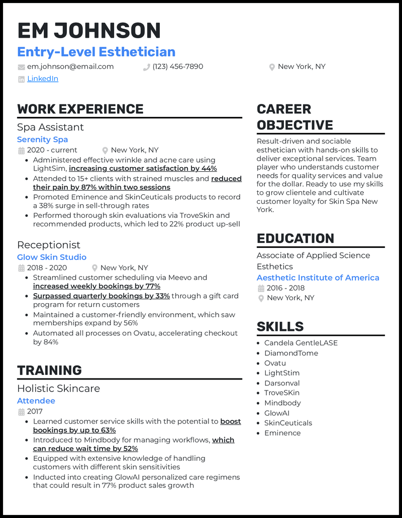3 Entry-Level Esthetician Resume Examples That Work in 2023