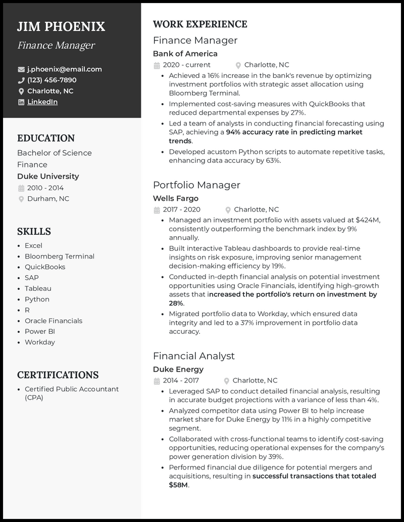3 Finance Manager Resume Examples Made for 2024