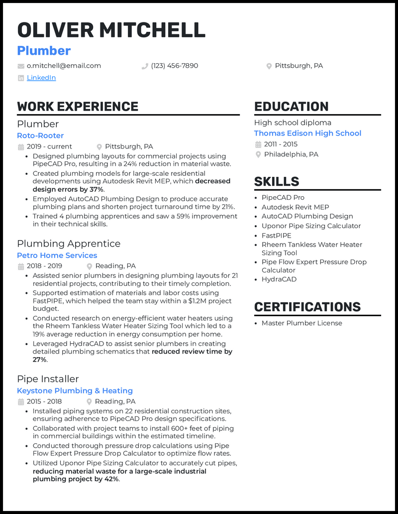 3 Plumber Resume Examples Built for the Job in 2024 