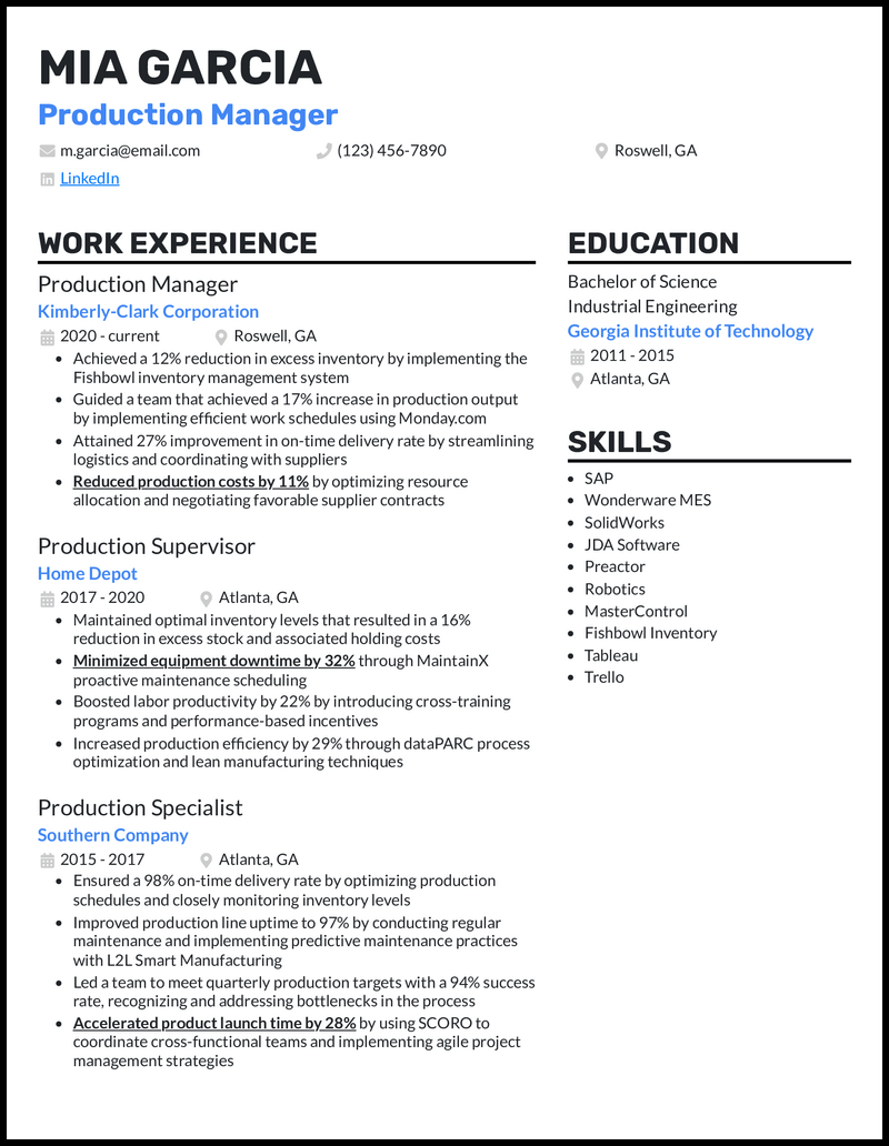 3 Production Manager Resume Examples Built for 2023