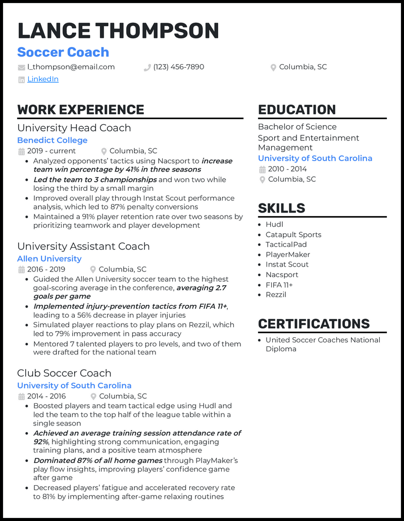 3 Soccer Coach Resume Examples to Land Your Next Job in 2024
