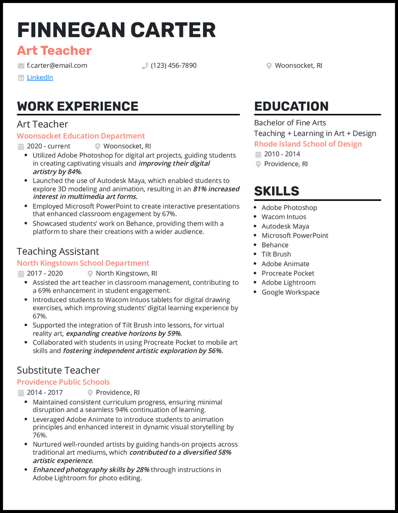 3 Art Teacher Resume Examples to Land Your Next Job in 2024