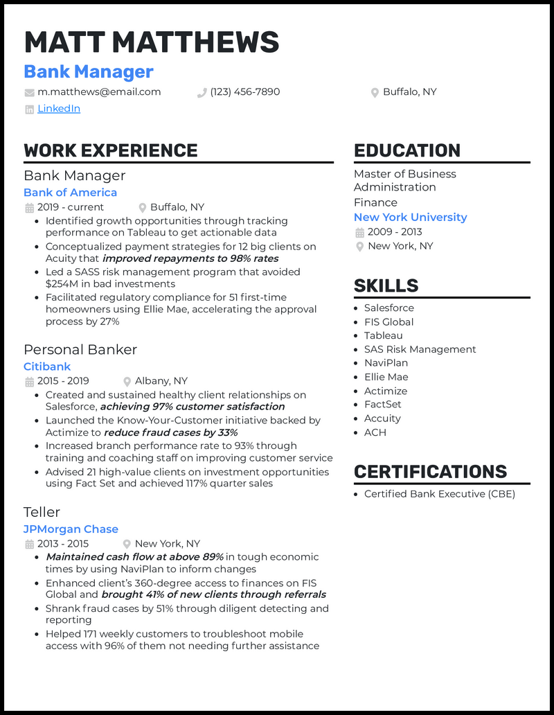 3 Bank Manager Resume Examples Proven to Work in 2024
