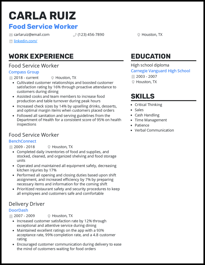 7 Food Service Worker Resume Examples for 2024