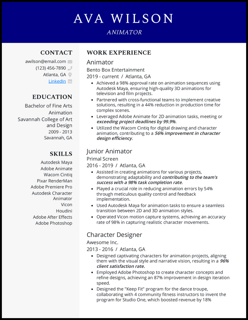 Animator resume example with 7+ years experience