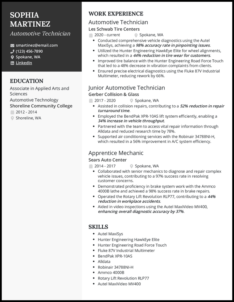 Automotive technician resume example with 4+ years experience