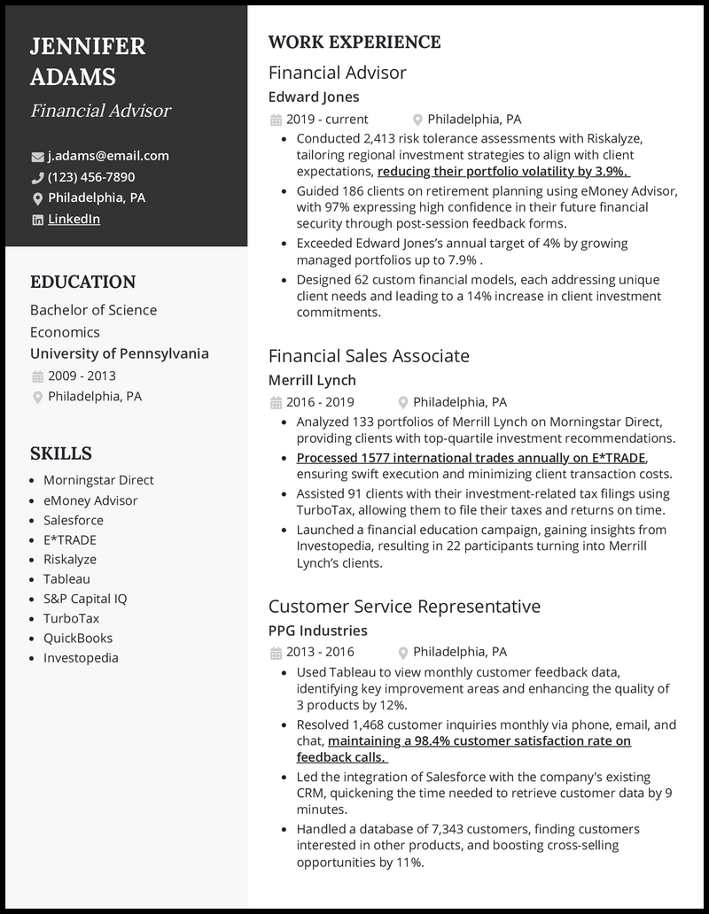 3 Financial Advisor Resume Examples Working for 2023