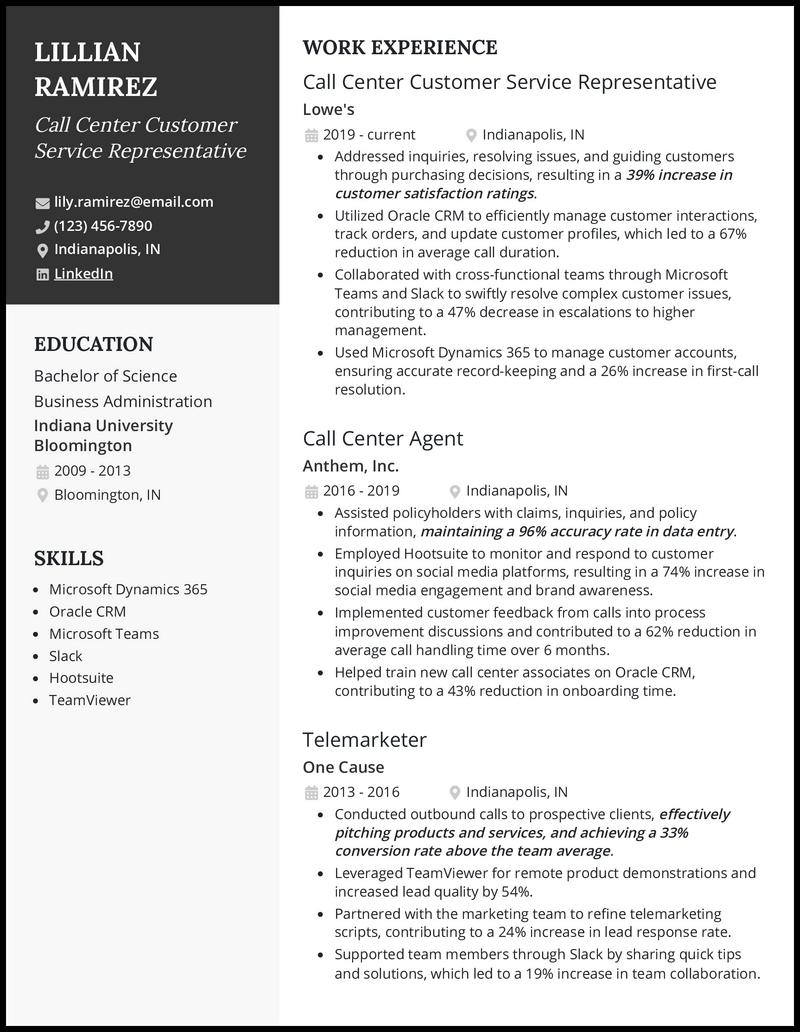 Call center customer service representative resume example with 7+ years experience