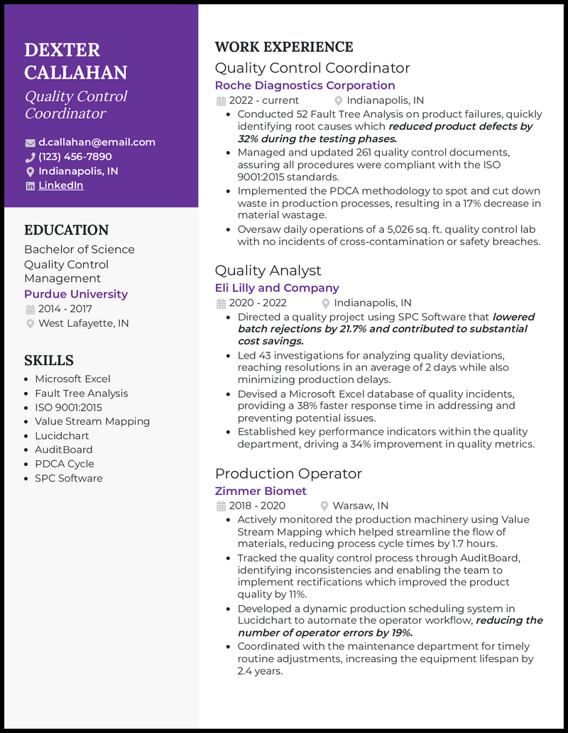 5 Quality Control Resume Examples Working for 2024