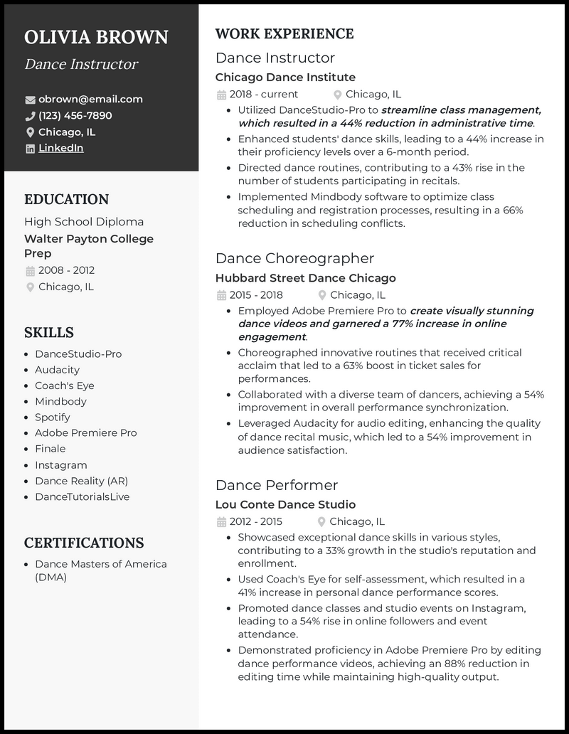 Dance instructor resume example with 7+ years experience