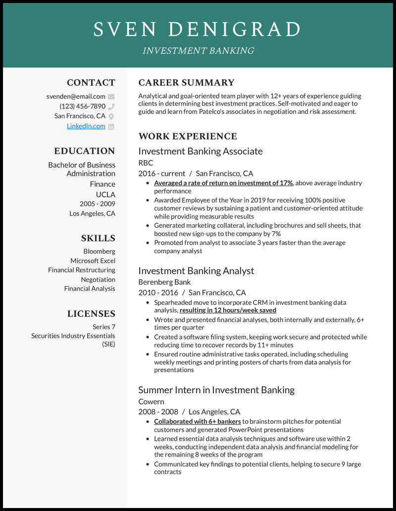 7 Investment Banking Resume Examples & Guide for 2024