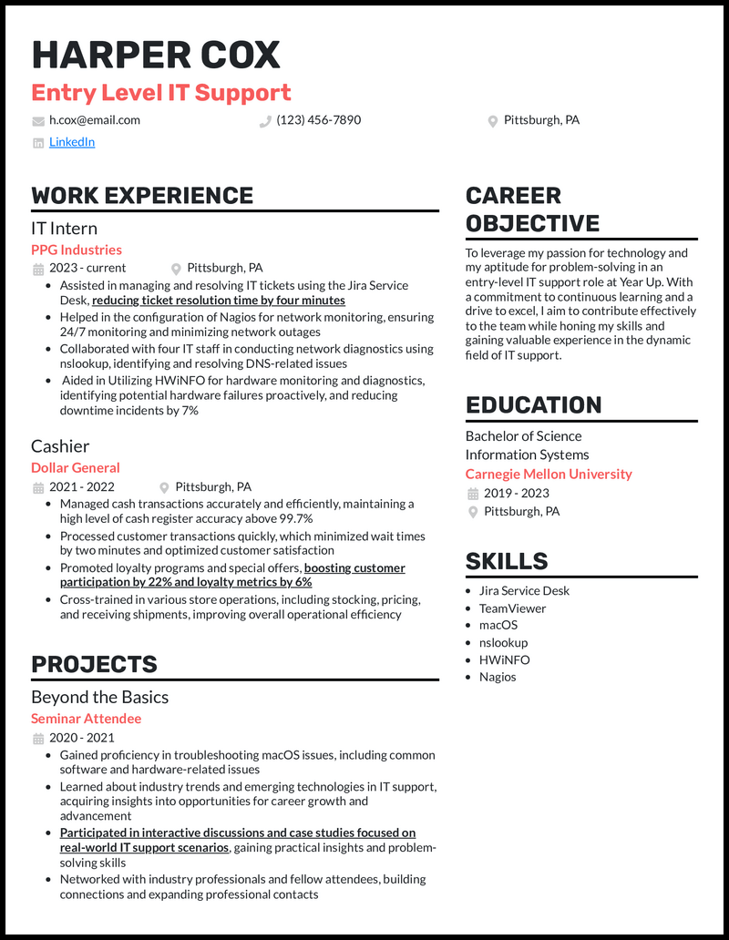 Entry-level IT support resume example with internship experience