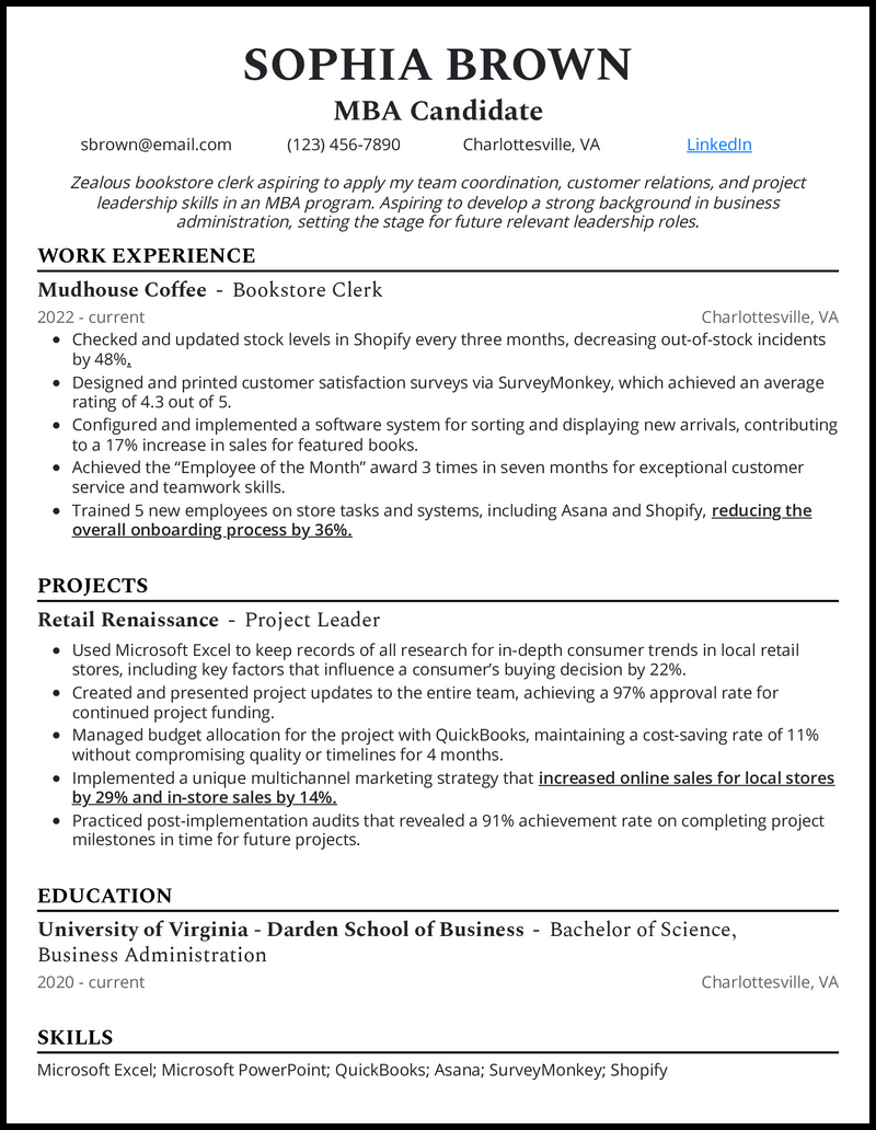 MBA candidate resume example with projects' experience