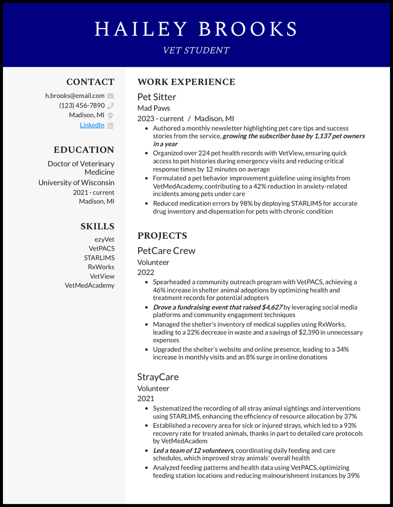 Vet student resume example with pet sitting experience