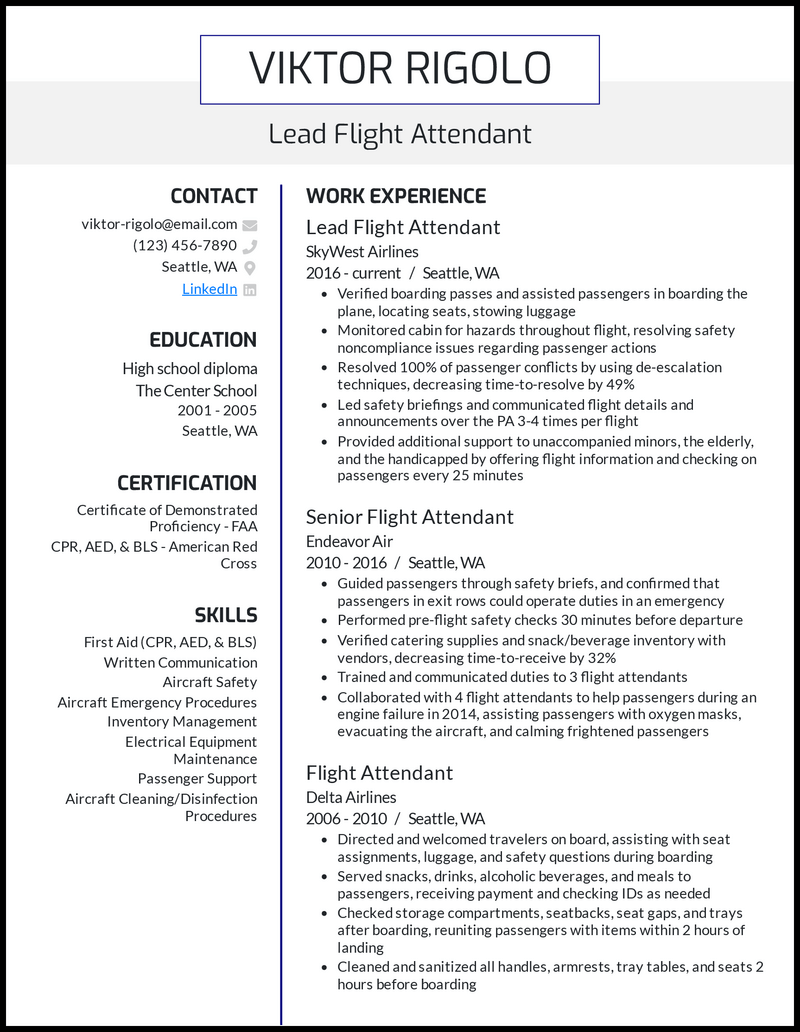 9 Flight Attendant Resume Examples Guide For 2024   Lead Flight Attendant Resume Example 