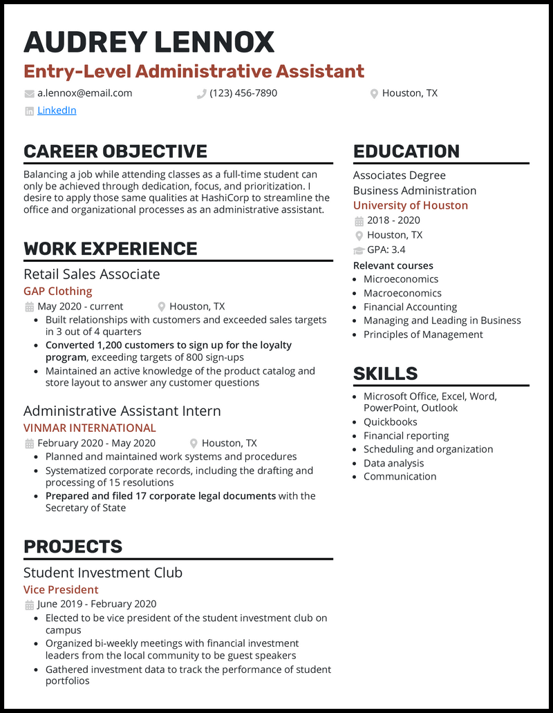 Entry-level administrative assistant resume example with retail sales experience