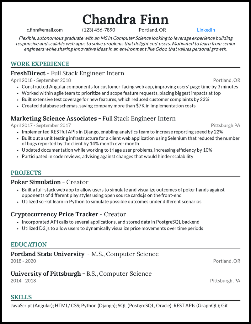 Entry-level computer science resume example with internship experience