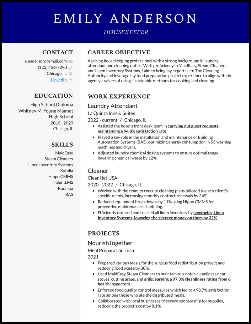 Housekeeping resume example with no experience