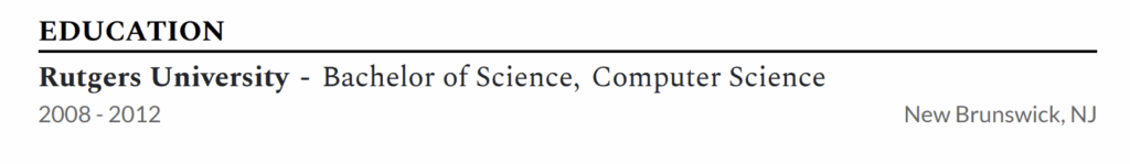 Sample education section for a senior front-end developer resume